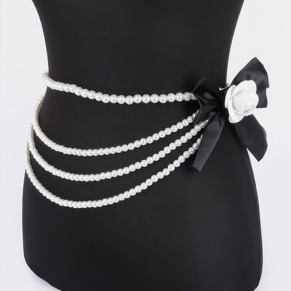 Layered Faux Pearl Flower Ribbon Belt